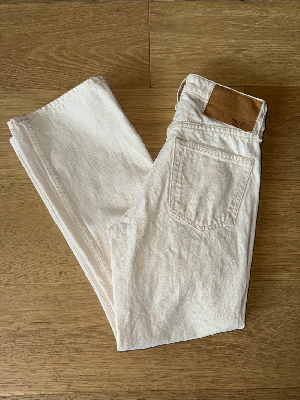 rag & bone Women’s Slim Straight Jeans in White with Tan Leather Patch